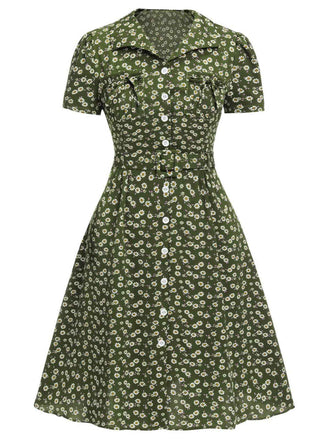 [Vorverkauf] [Übergröße] Grün 1940er Revers Tasten Kleine Blumen Kleid