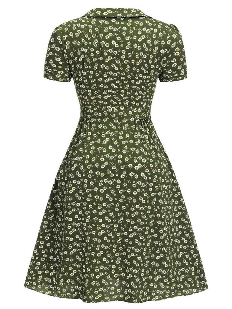 [Übergröße] Grün 1940er Revers Tasten Kleine Blumen Kleid