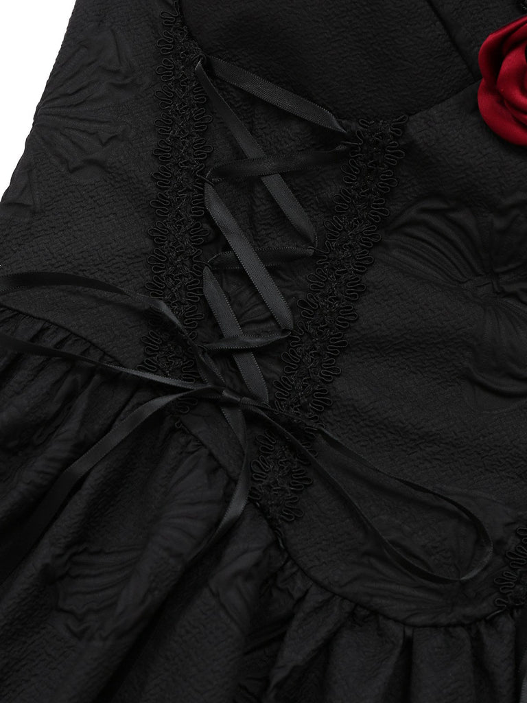 Schwarz 1960er Gothic 3D-Rose Jacquard Schnürung Kleid