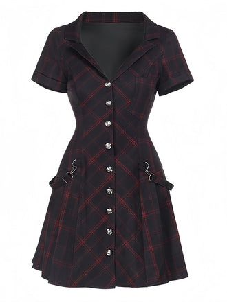 Weinrot 1960er Punk Revers A-Linie Plaid Kleid