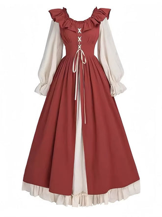 1930er Farbblock Rüschen Schnürung Renaissance Kleid