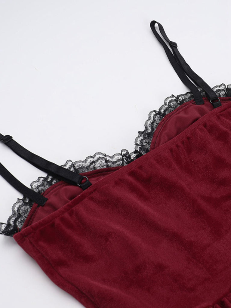 Burgunderrot 1950er Weihnachten Gothic Samt Kette Strassstein Kleid