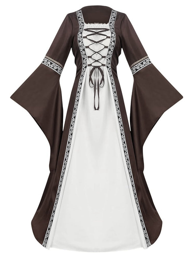 Khaki 1930er Halloween Mittelalterlich Glockenärmel Blumen Kleid