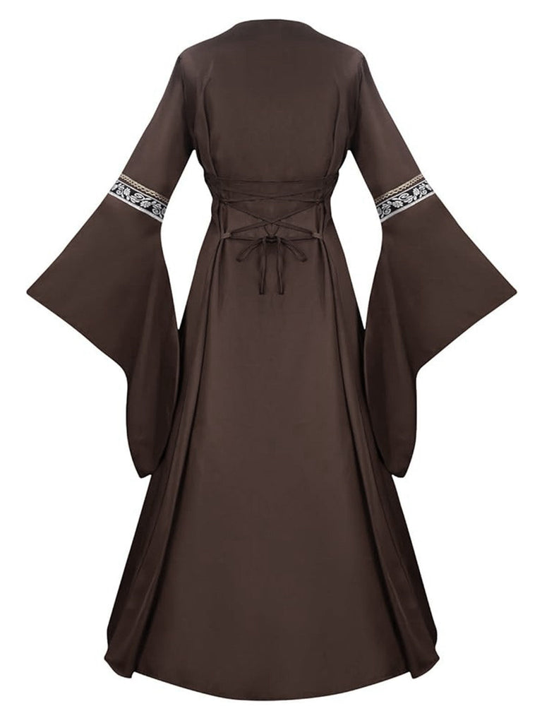 Khaki 1930er Halloween Mittelalterlich Glockenärmel Blumen Kleid