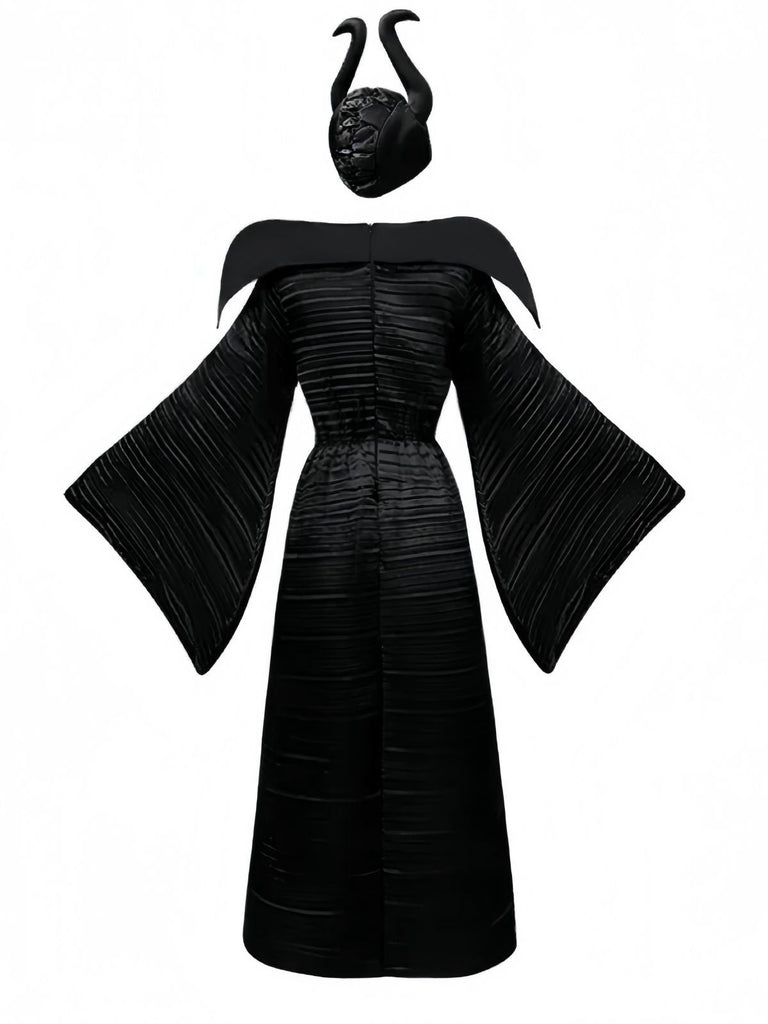 Schwarz 1930er Halloween Maleficent Fledermausärmel Kleid Set