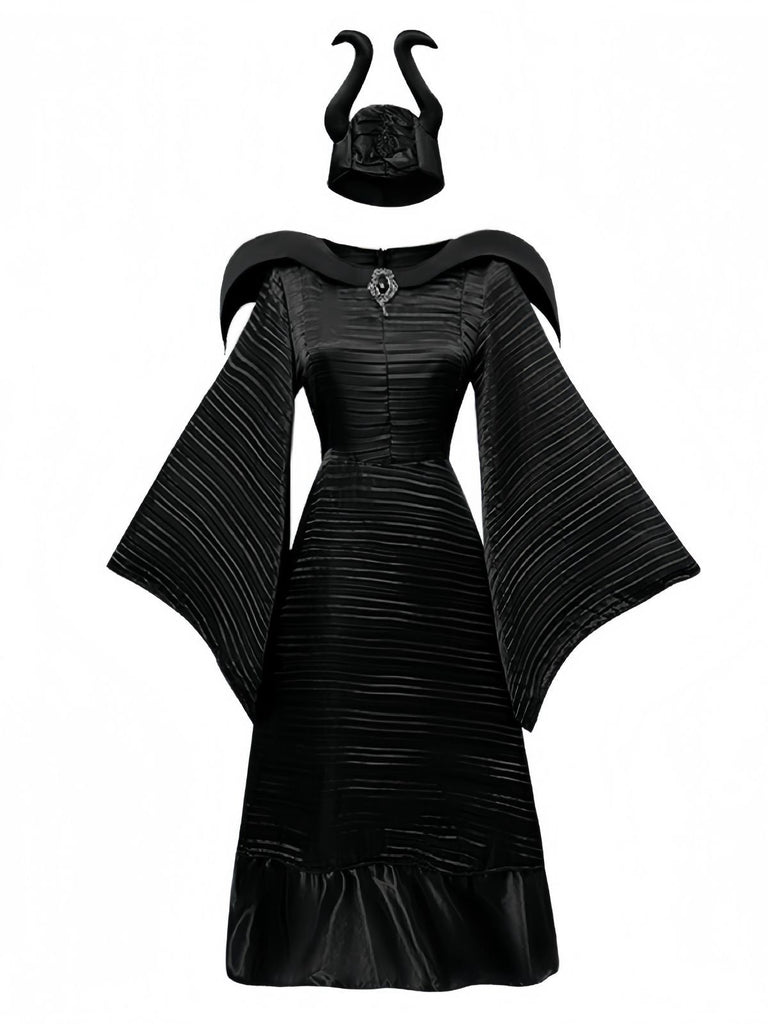 Schwarz 1930er Halloween Maleficent Fledermausärmel Kleid Set