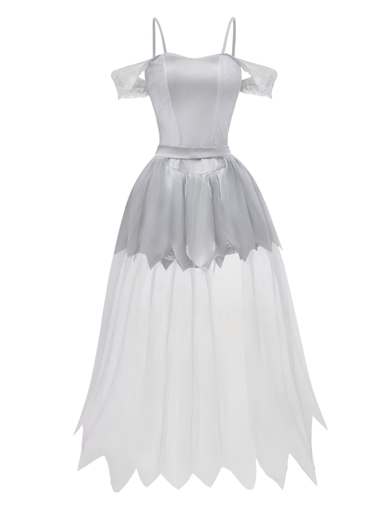 Weiß 1960er Halloween Zombie Braut Spitze Netz Kleid