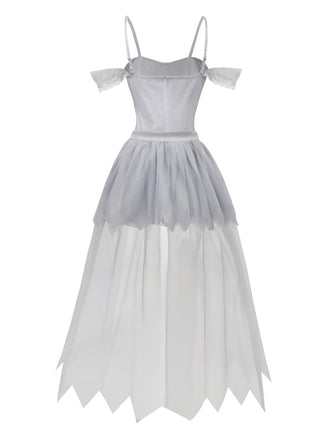 Weiß 1960er Halloween Zombie Braut Spitze Netz Kleid