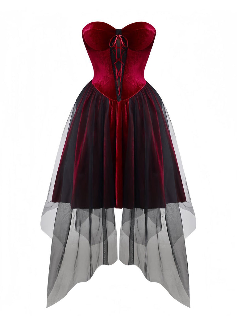 Burgund 1960er Gothic Netz Trägerlos Irregulär Saum Kleid