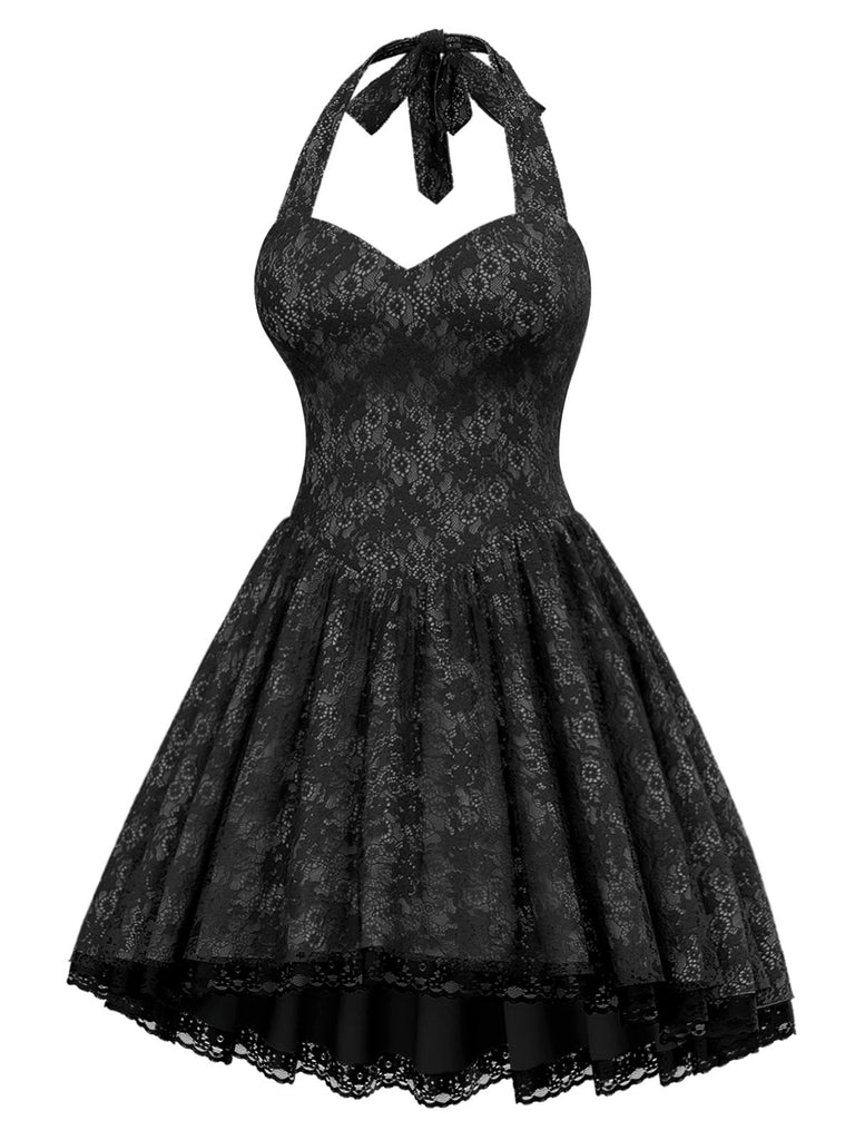 [Vorverkauf] Schwarz 1980er Steampunk Blumen Spitze Halter Kleid
