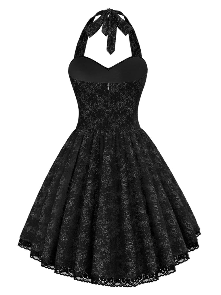[Vorverkauf] Schwarz 1980er Steampunk Blumen Spitze Halter Kleid