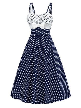 Blau 1950er Besticktes Blumen Tupfen Kleid