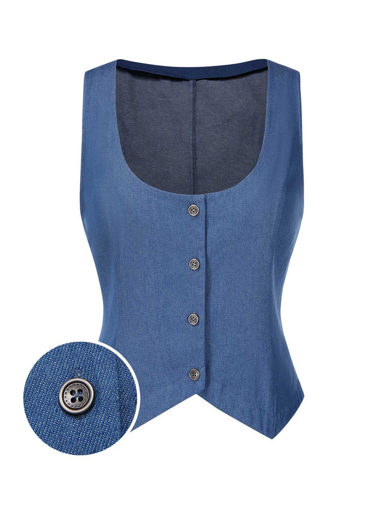 [Vorverkauf] Blau 1970er Solide Denim U-Ausschnitt Ärmellos Taste Weste