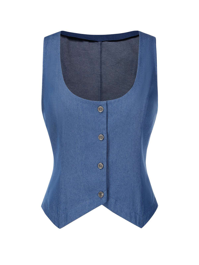 [Vorverkauf] Blau 1970er Solide Denim U-Ausschnitt Ärmellos Taste Weste