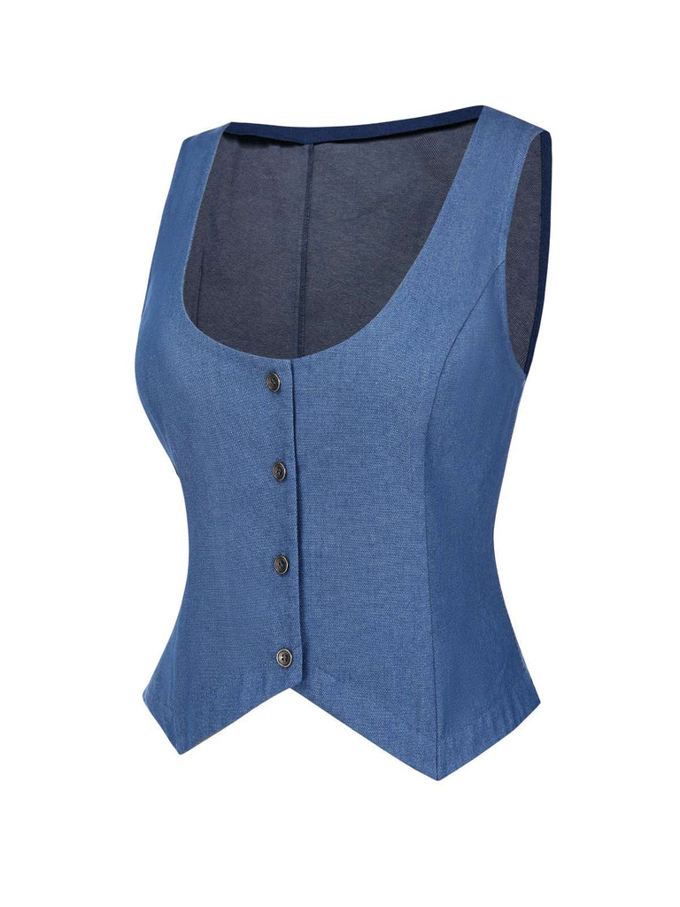 [Vorverkauf] 2PCS 1970er Solide Denim Weste & Besticktes Puffärmel Kleid