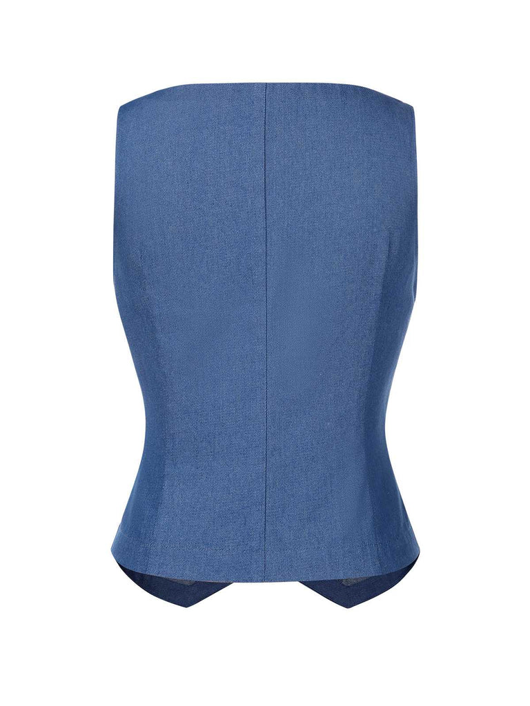 [Vorverkauf] Blau 1970er Solide Denim U-Ausschnitt Ärmellos Taste Weste