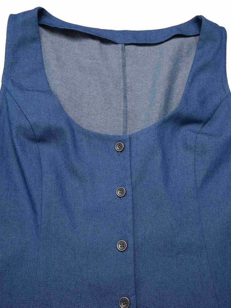 [Vorverkauf] Blau 1970er Solide Denim U-Ausschnitt Ärmellos Taste Weste