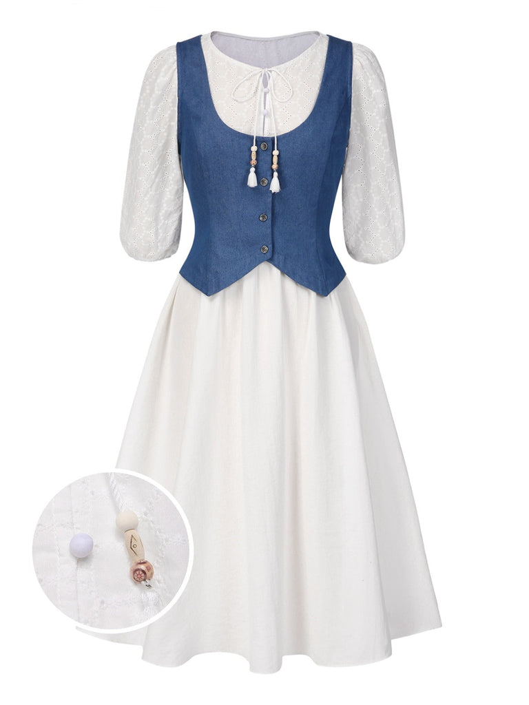 [Vorverkauf] 2PCS 1970er Solide Denim Weste & Besticktes Puffärmel Kleid