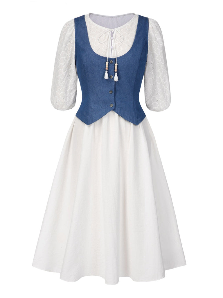 [Vorverkauf] 2PCS 1970er Solide Denim Weste & Besticktes Puffärmel Kleid