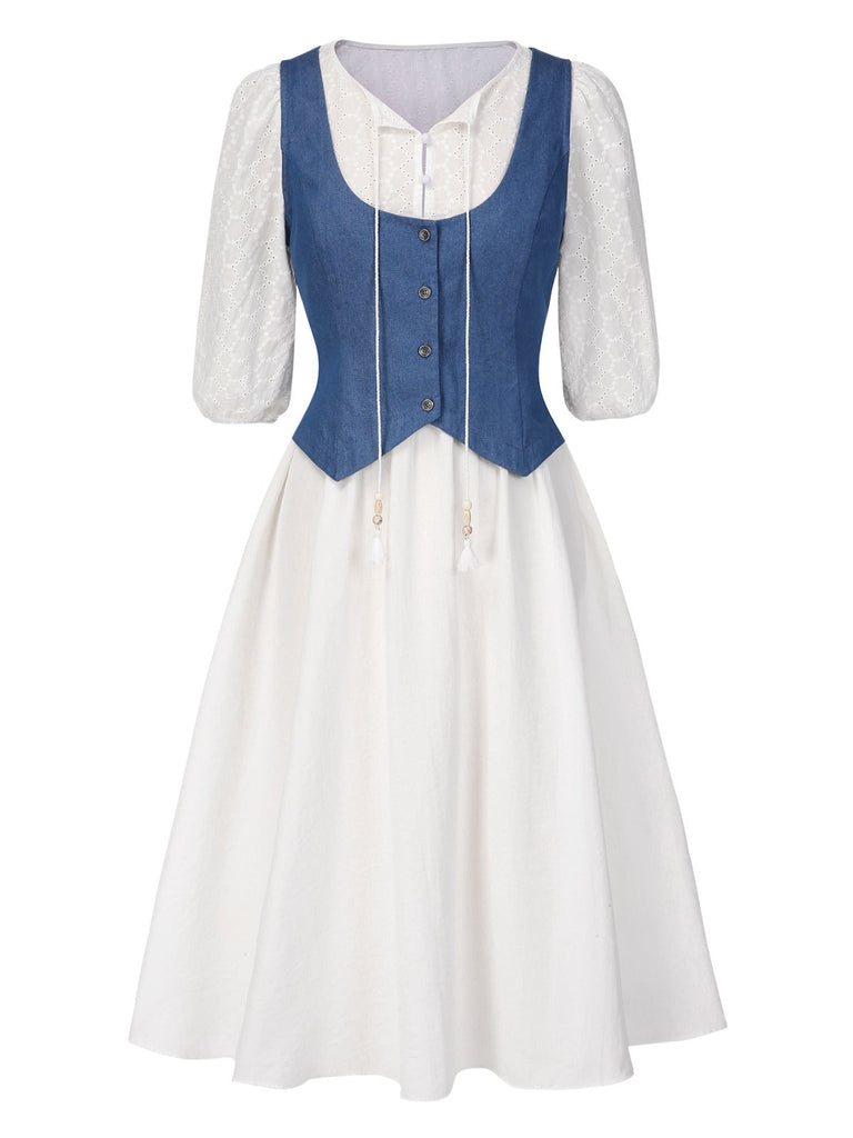 [Vorverkauf] 2PCS 1970er Solide Denim Weste & Besticktes Puffärmel Kleid