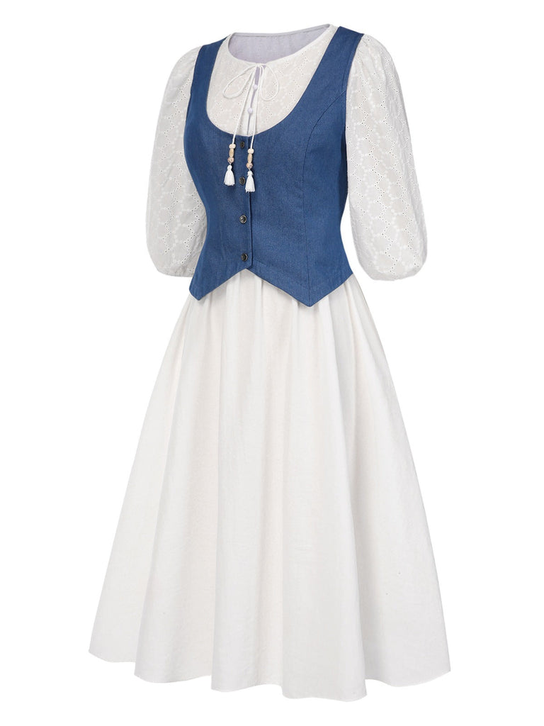 [Vorverkauf] 2PCS 1970er Solide Denim Weste & Besticktes Puffärmel Kleid
