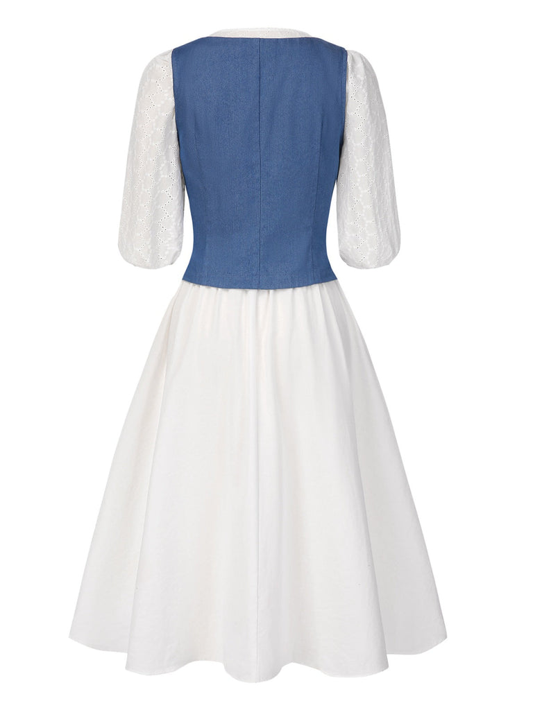 [Vorverkauf] 2PCS 1970er Solide Denim Weste & Besticktes Puffärmel Kleid