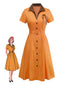 [Vorverkauf] Orange 1940er Baumwolle Polka Dot Revers Bogen Kleid