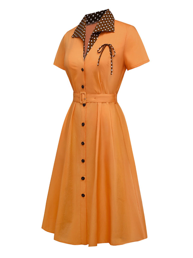[Vorverkauf] Orange 1940er Baumwolle Polka Dot Revers Bogen Kleid