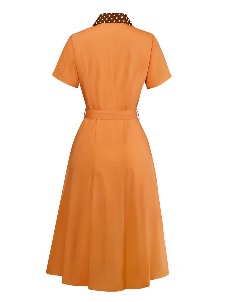 [Vorverkauf] Orange 1940er Baumwolle Polka Dot Revers Bogen Kleid