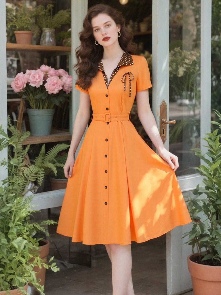 [Vorverkauf] Orange 1940er Baumwolle Polka Dot Revers Bogen Kleid
