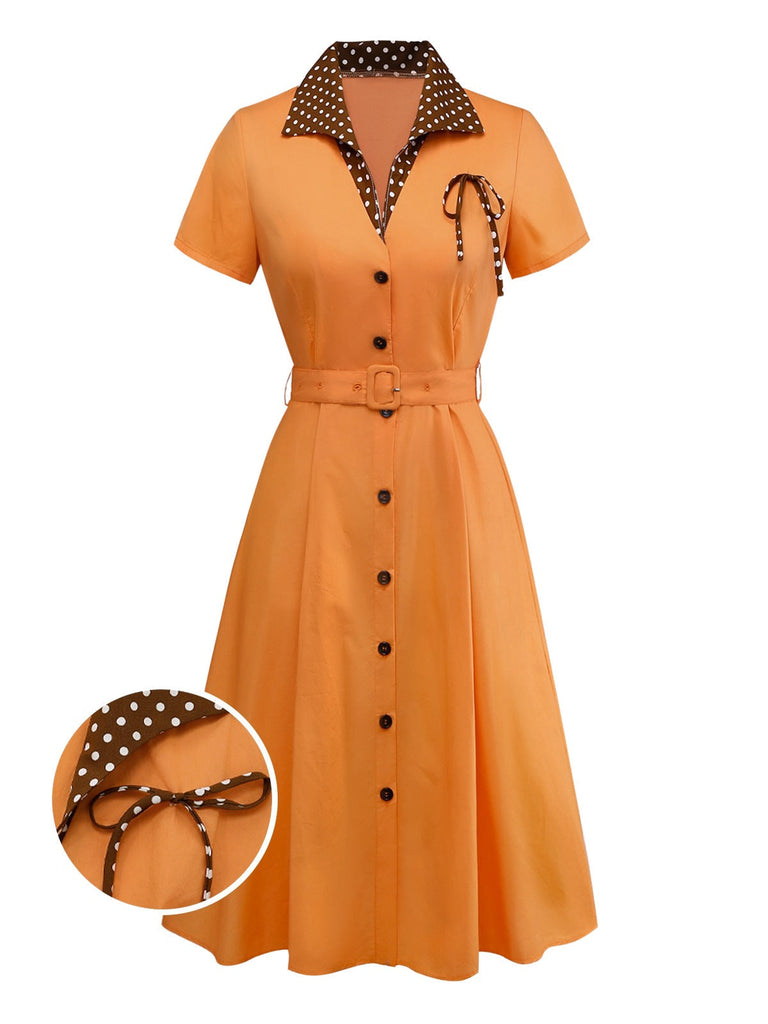[Vorverkauf] Orange 1940er Baumwolle Polka Dot Revers Bogen Kleid