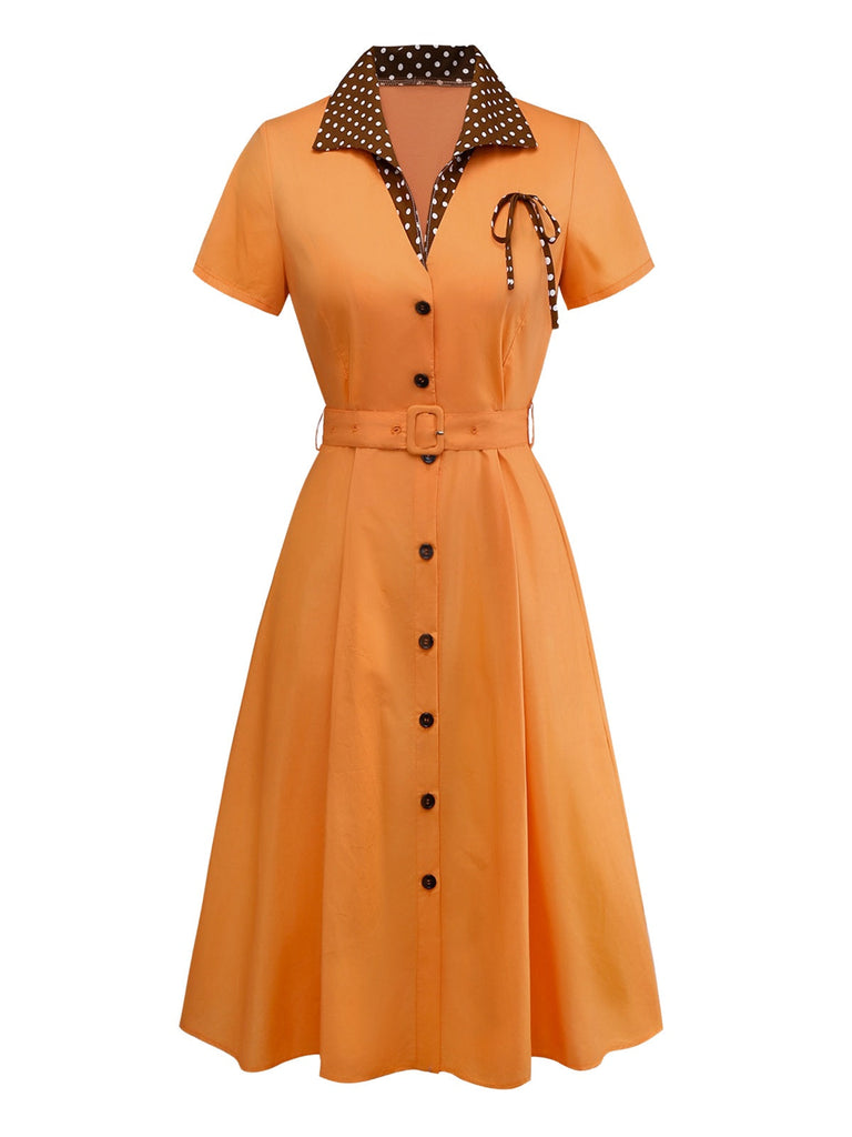 [Vorverkauf] Orange 1940er Baumwolle Polka Dot Revers Bogen Kleid