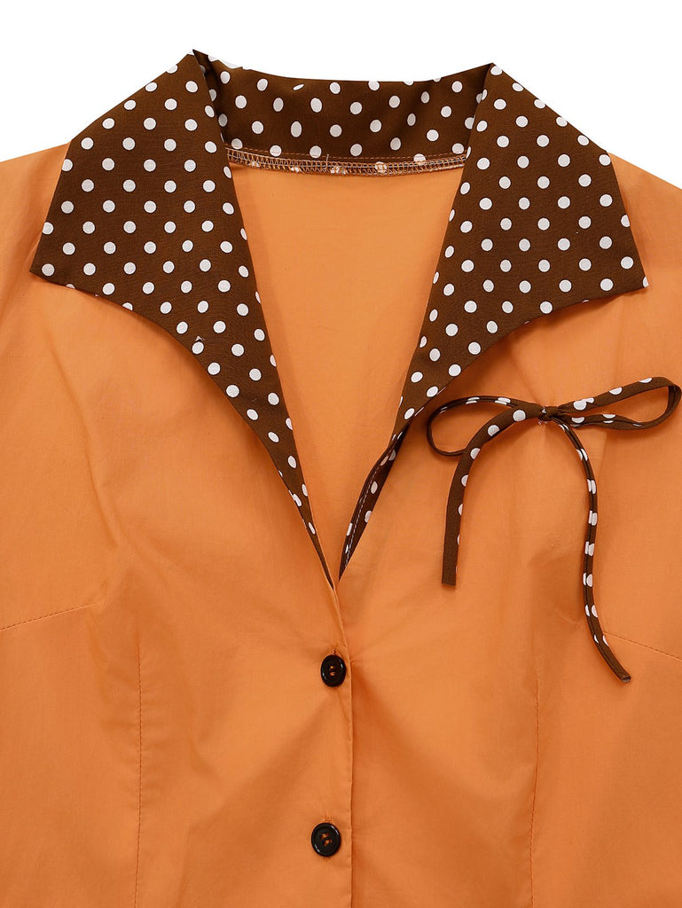 [Vorverkauf] Orange 1940er Baumwolle Polka Dot Revers Bogen Kleid