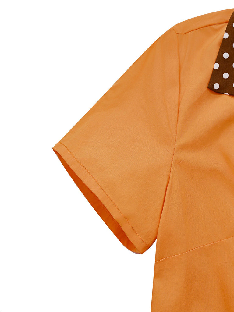 [Vorverkauf] Orange 1940er Baumwolle Polka Dot Revers Bogen Kleid
