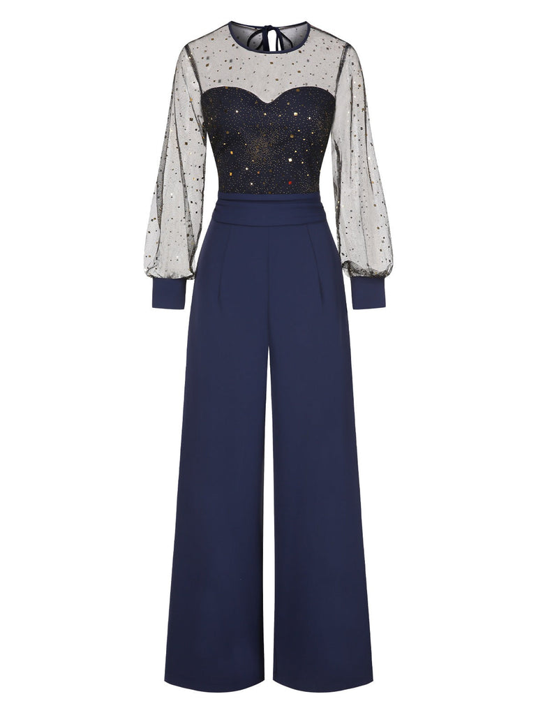 [Vorverkauf] Dunkelblau 1960er Funkeln Netz Patchwork Jumpsuit