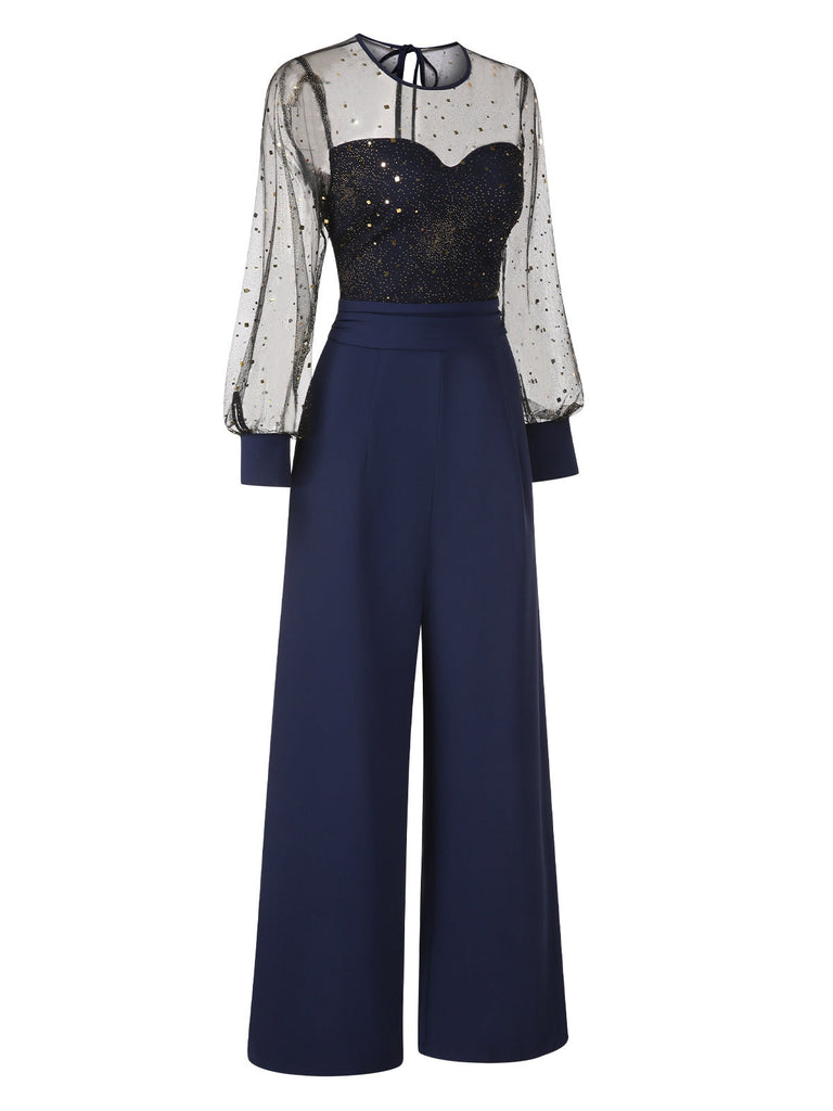 [Vorverkauf] Dunkelblau 1960er Funkeln Netz Patchwork Jumpsuit