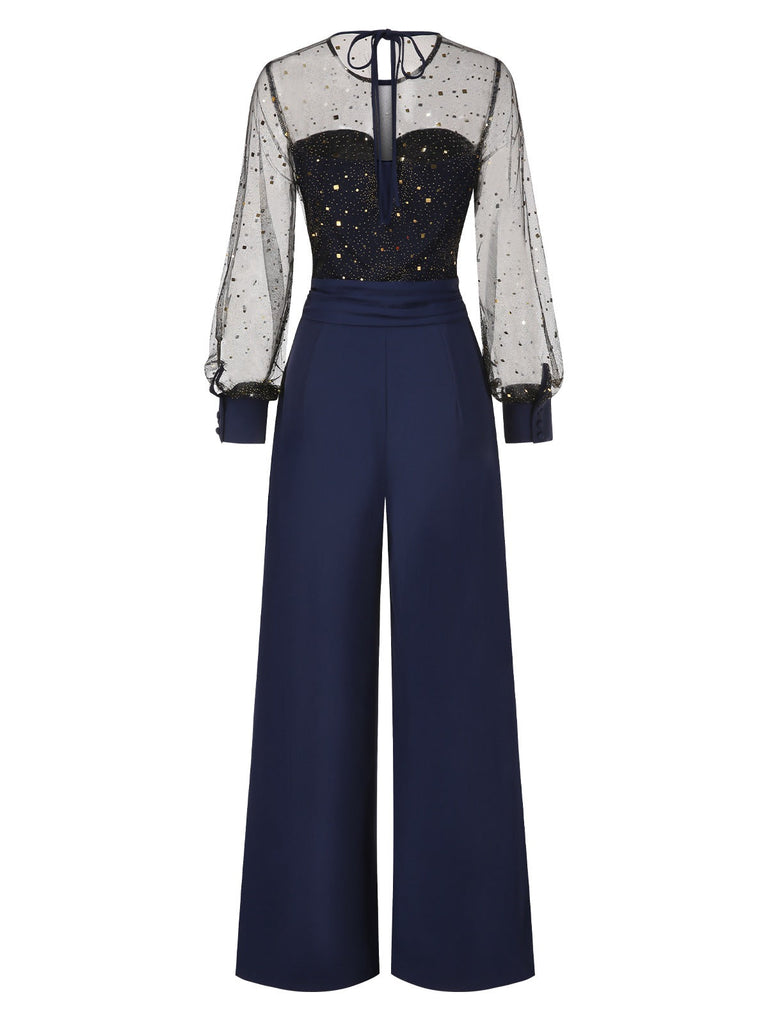 [Vorverkauf] Dunkelblau 1960er Funkeln Netz Patchwork Jumpsuit