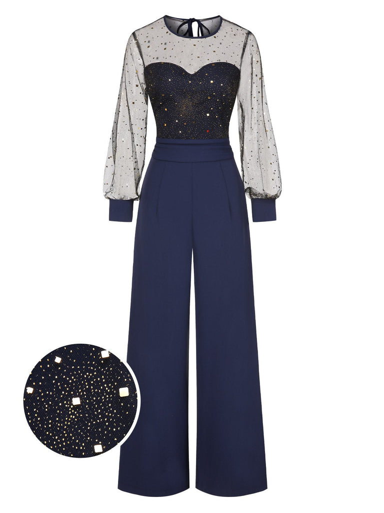 [Vorverkauf] Dunkelblau 1960er Funkeln Netz Patchwork Jumpsuit