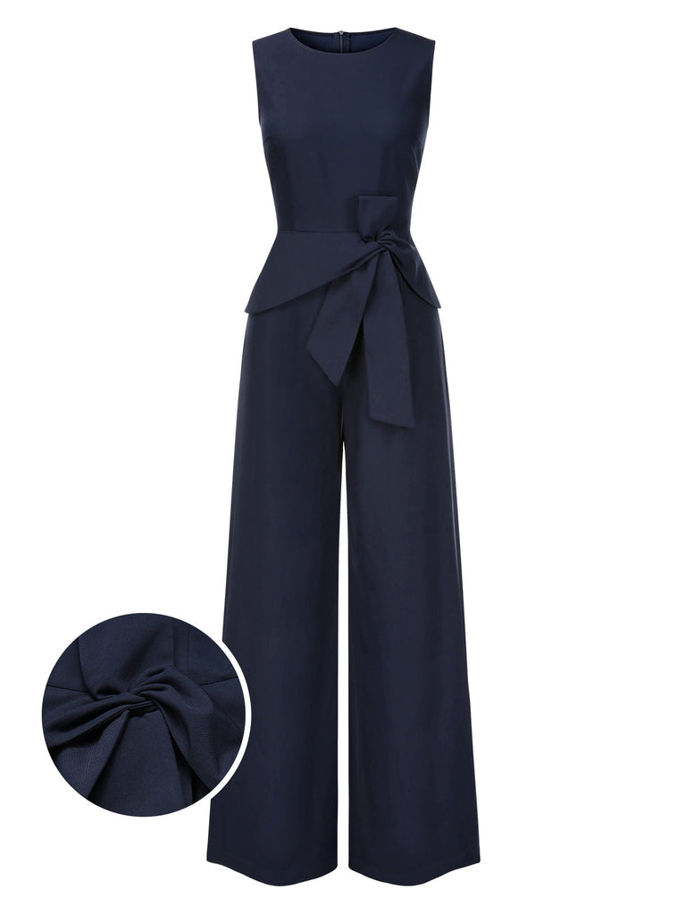 [Vorverkauf] Blau 1940er Solide Gerüschtes Verdreht Ärmellos Jumpsuit