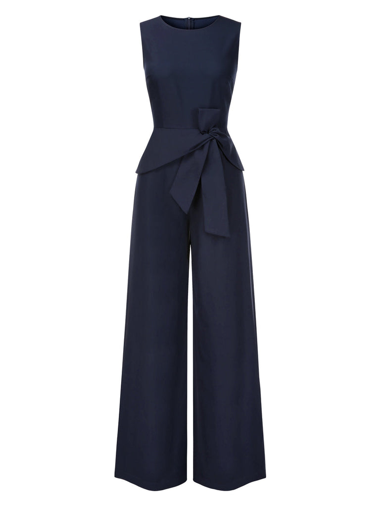 [Vorverkauf] Blau 1940er Solide Gerüschtes Verdreht Ärmellos Jumpsuit