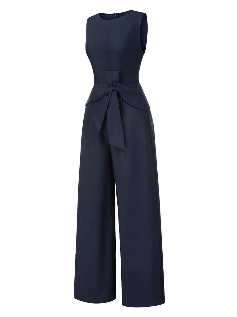[Vorverkauf] Blau 1940er Solide Gerüschtes Verdreht Ärmellos Jumpsuit