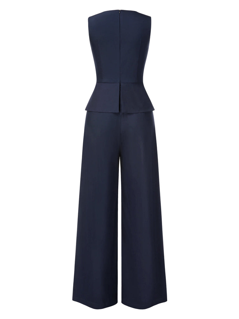 [Vorverkauf] Blau 1940er Solide Gerüschtes Verdreht Ärmellos Jumpsuit