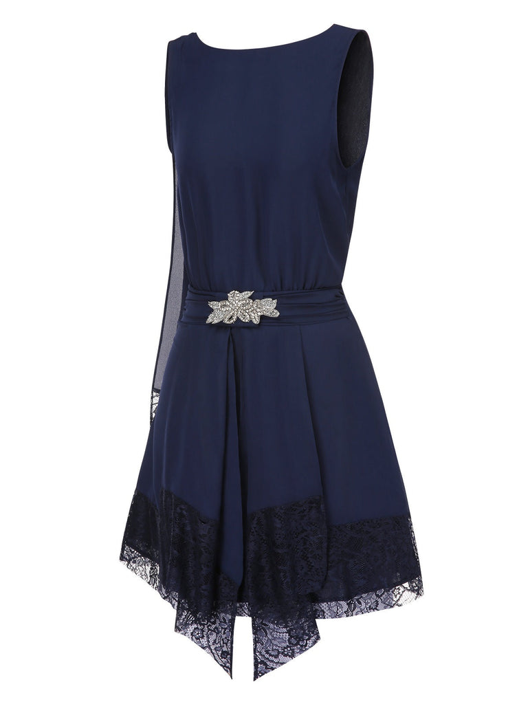 [Vorverkauf] Blau 1920er Spitze Patchwork Strassstein Kleid