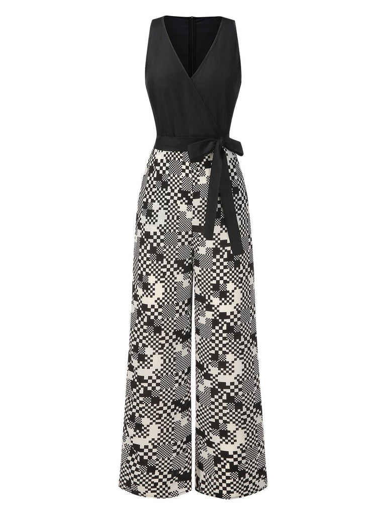 [Vorverkauf] Schwarz 1960er Mosaik Irregulär Check V-Ausschnitt Jumpsuit
