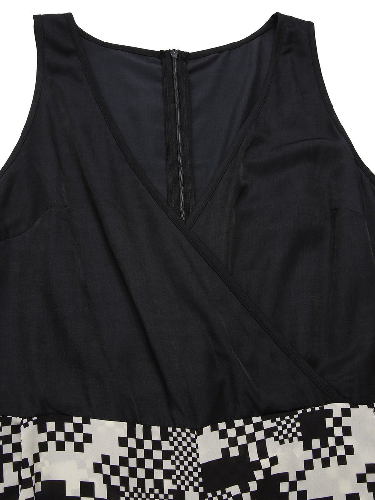 [Vorverkauf] Schwarz 1960er Mosaik Irregulär Check V-Ausschnitt Jumpsuit