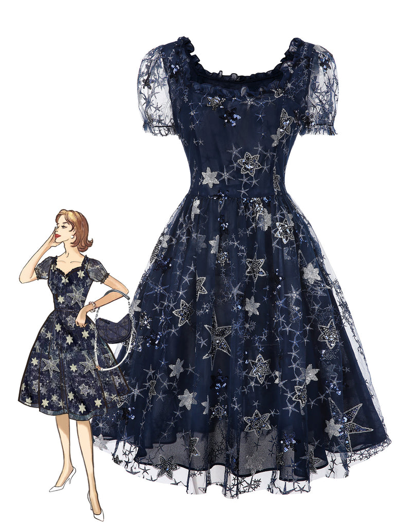 [Vorverkauf] Blau 1950er Stern Pailletten Netz Rüschen Prinzessin Kleid