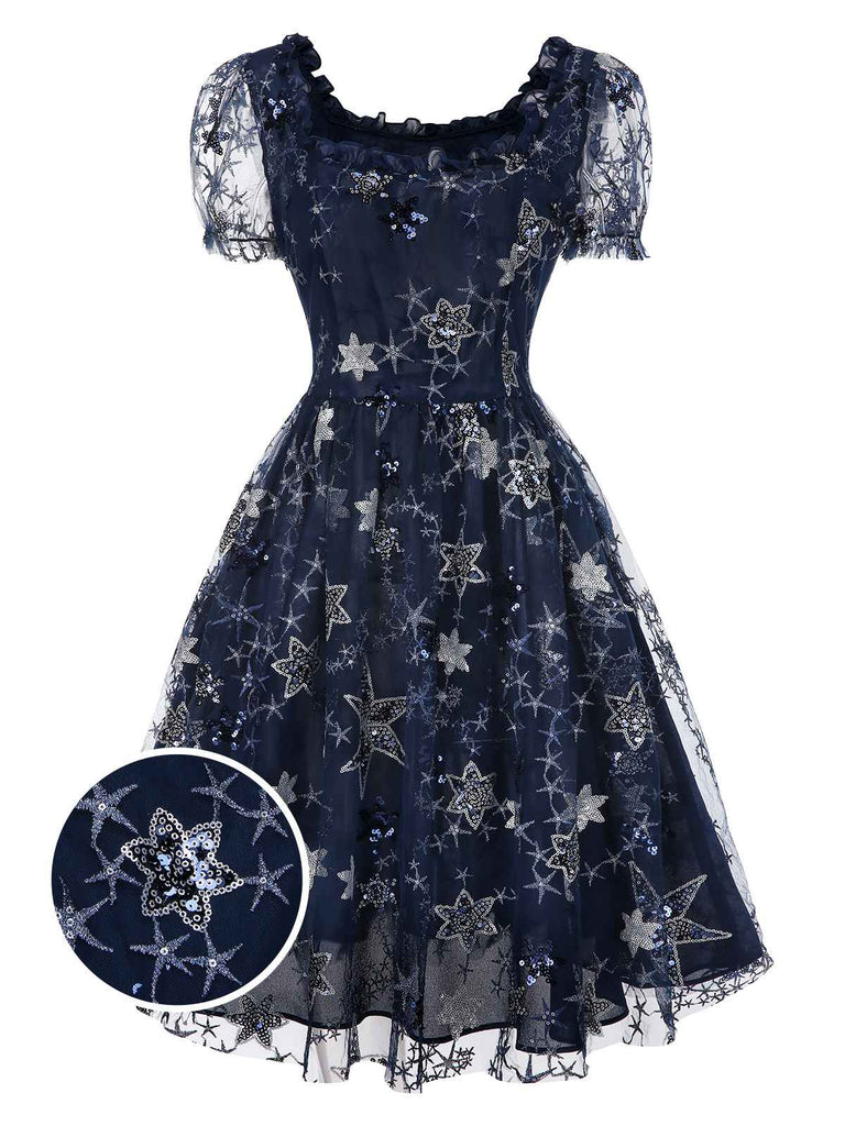 [Vorverkauf] Blau 1950er Stern Pailletten Netz Rüschen Prinzessin Kleid