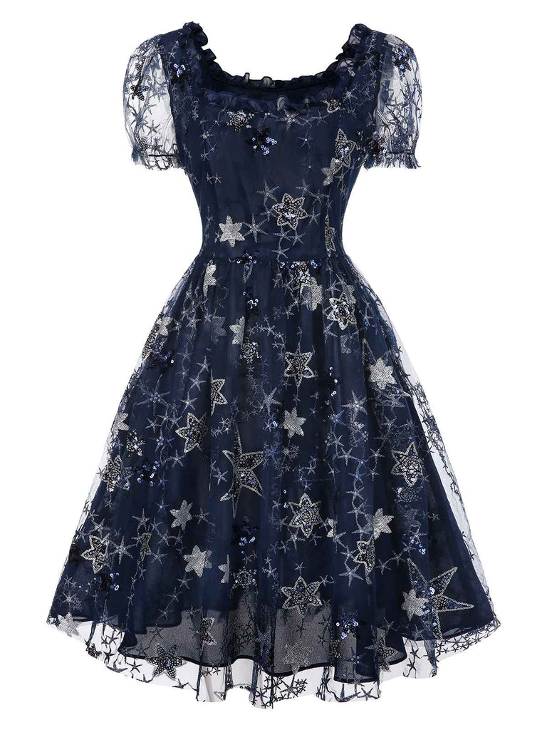 [Vorverkauf] Blau 1950er Stern Pailletten Netz Rüschen Prinzessin Kleid