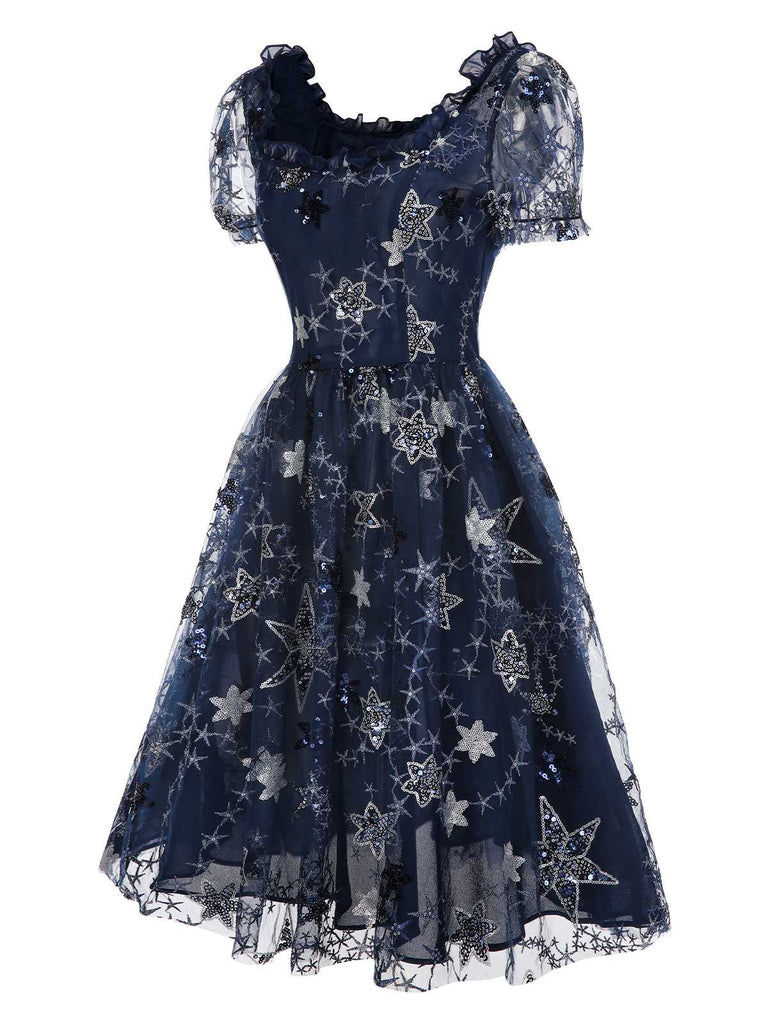 [Vorverkauf] Blau 1950er Stern Pailletten Netz Rüschen Prinzessin Kleid