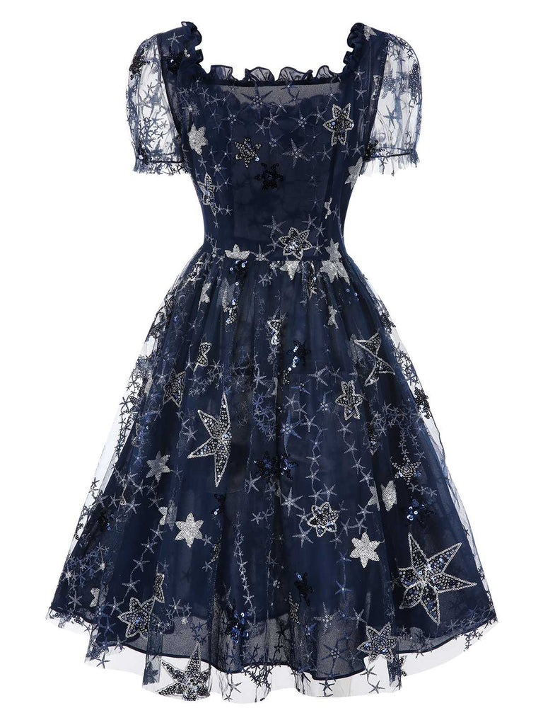 [Vorverkauf] Blau 1950er Stern Pailletten Netz Rüschen Prinzessin Kleid